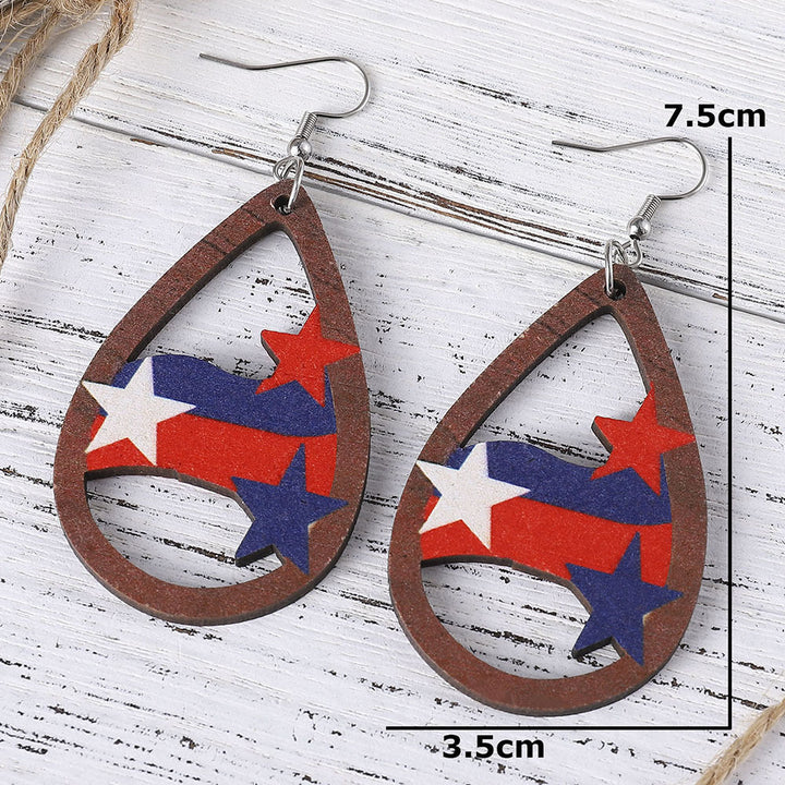Ladies' nan teardrop-shaped wooden earrings with multi-layer star and stripe appliqué and nickel-free ear hooks Kalsten