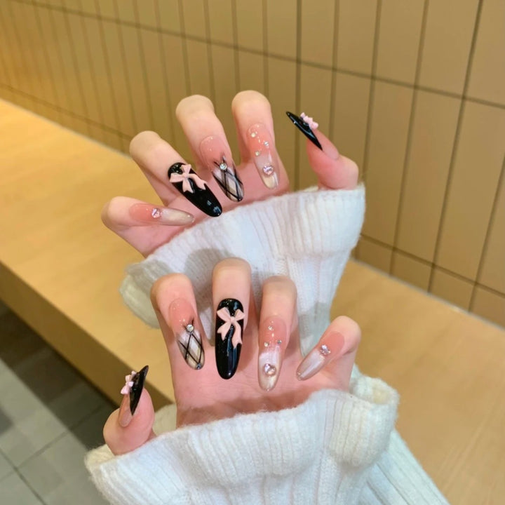 Artistic Press-On Nail Set with Creative Bow and Gemstone Accents Kalsten