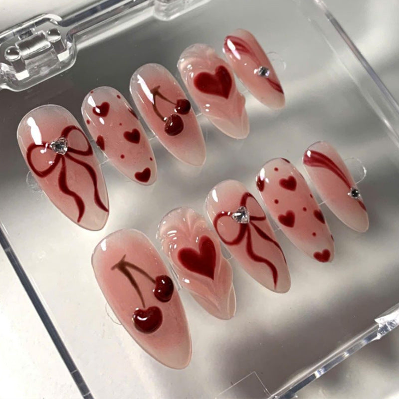 Artificial nail set with romantic heart and cherry motifs Kalsten