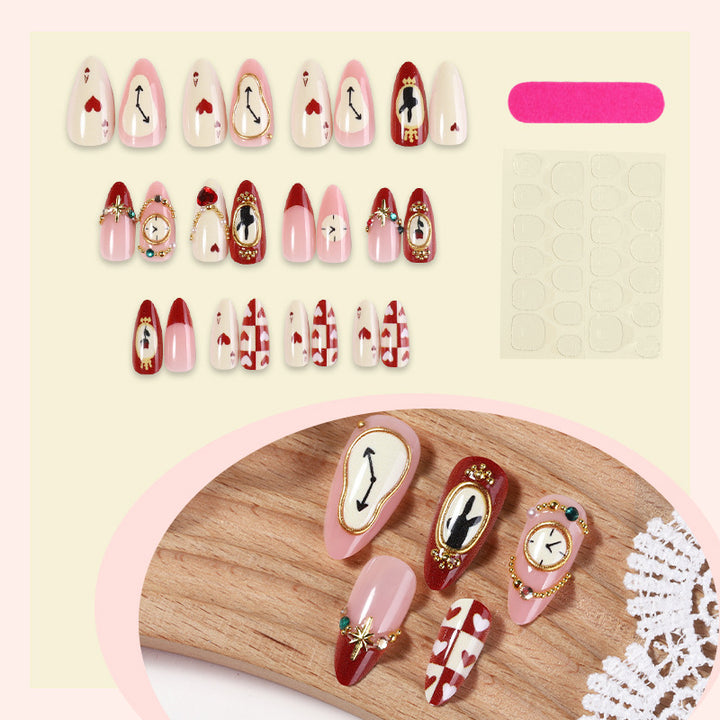 Artistic Press-On Nail Set with Creative Heart and Clock Designs kalsten