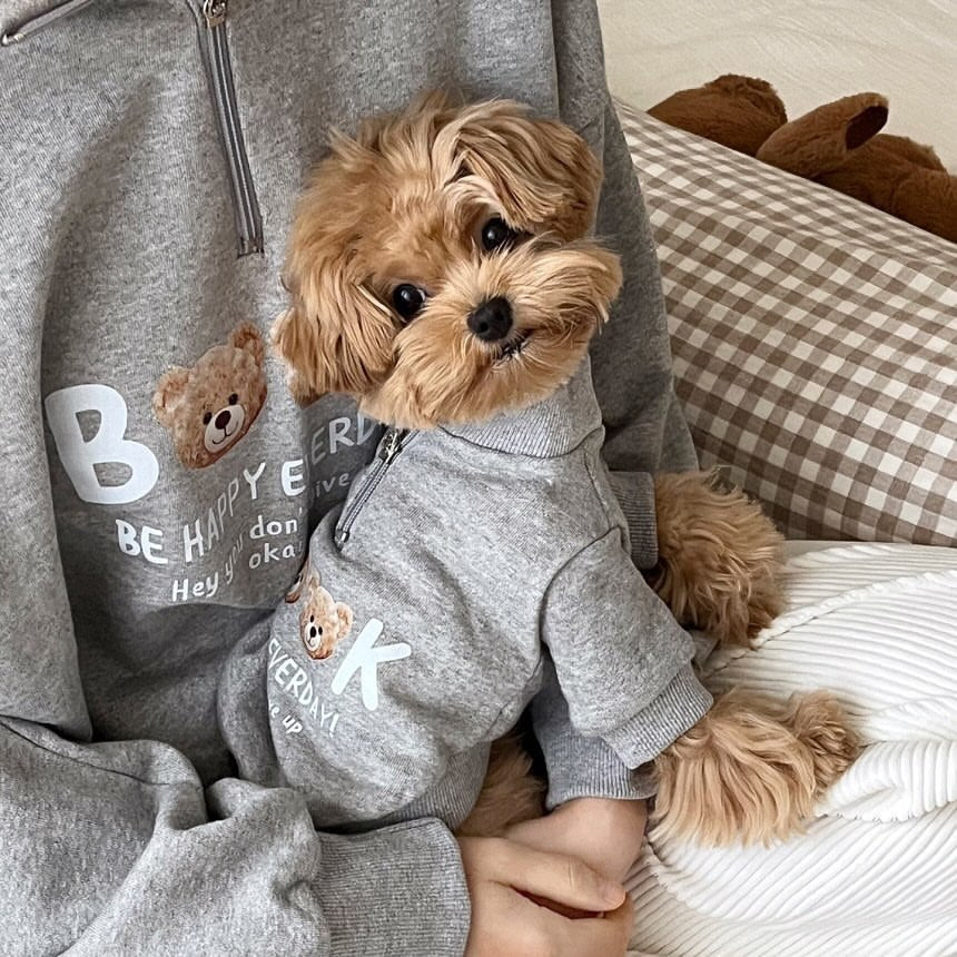 Zip-Up Cotton Blend Pet Sweater with Teddy Bear Print