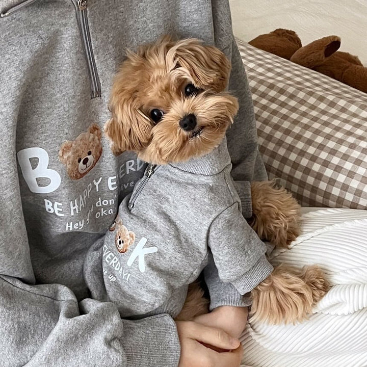 Zip-Up Cotton Blend Pet Sweater with Teddy Bear Print