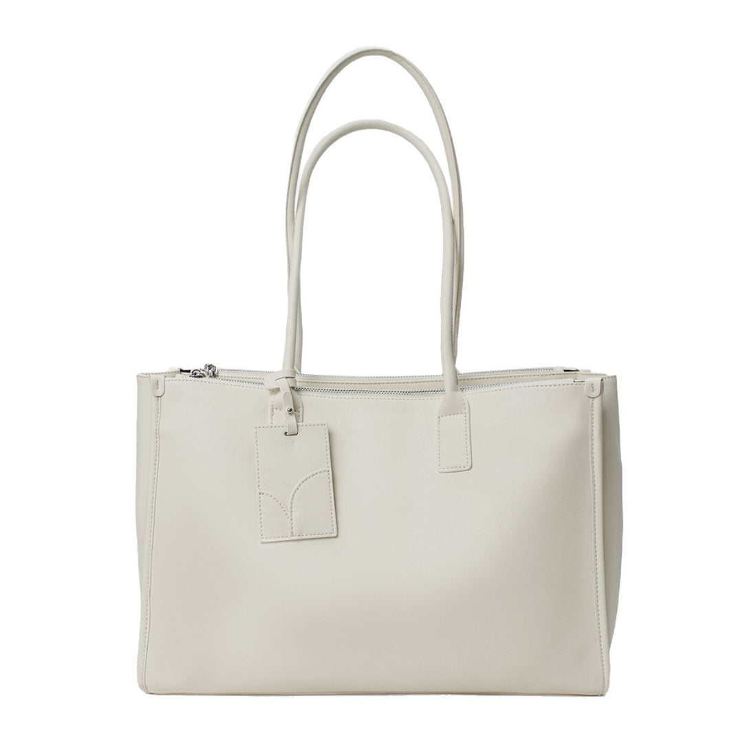Smooth Vegan Leather Structured Top-Zip Tote with Double Rolled Handles and Luggage Tag
