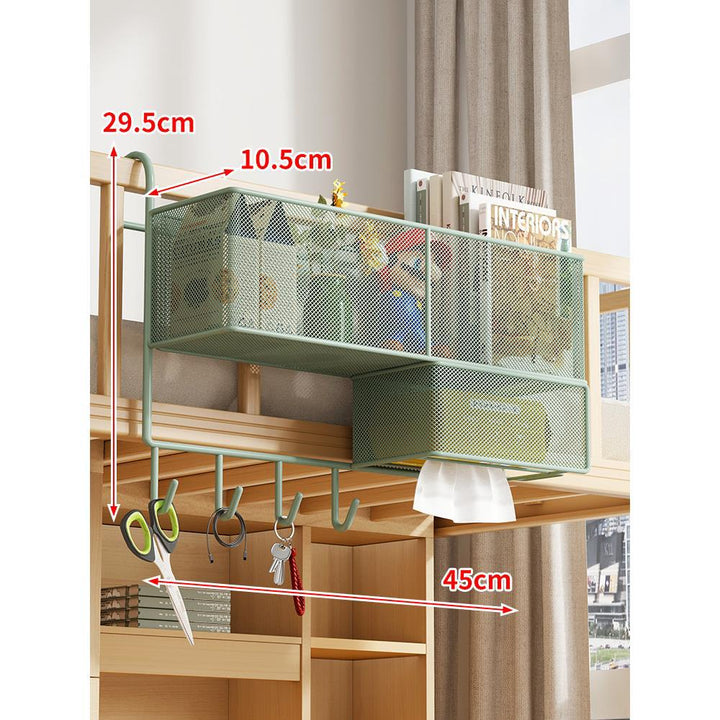 Loft Bed Under-Rail Metal Mesh Organizer with Tissue Box Drawer and Multi Hooks
