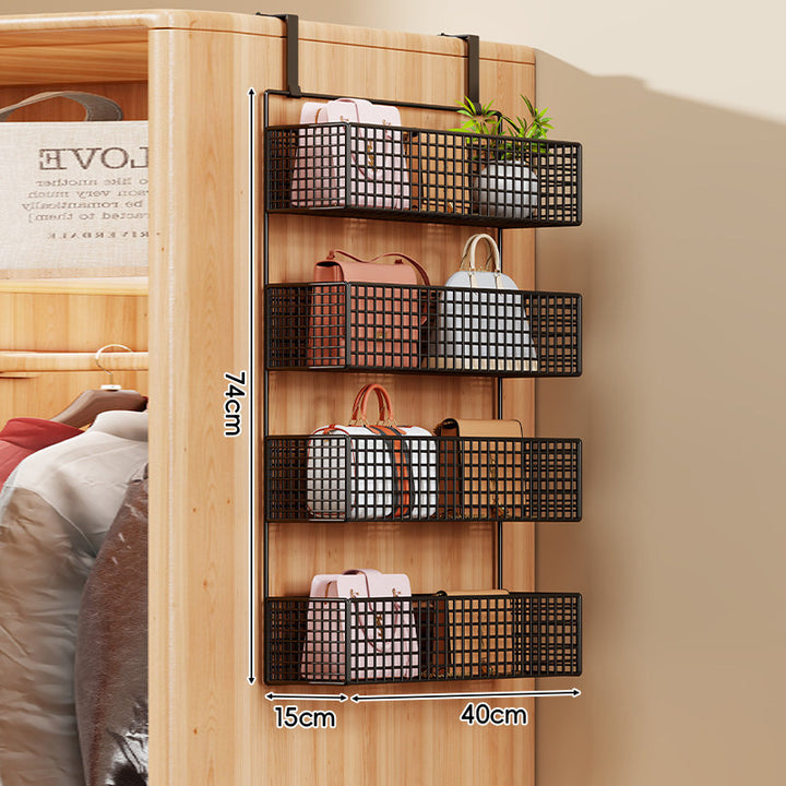 Over-the-Door Metal Grid Hanging Organizer with Four Stackable Baskets and Hooks