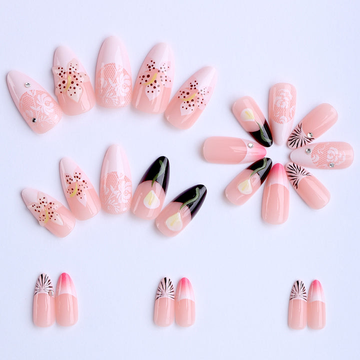 Artificial nails with creative floral designs and glitter accents Kalsten