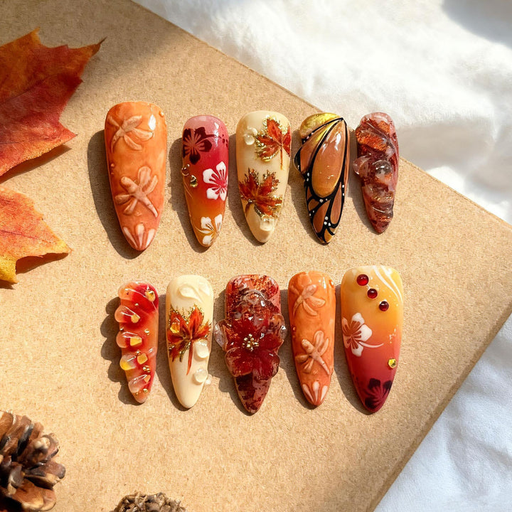 Artistic Nail Art Design Set with Autumn Leaves