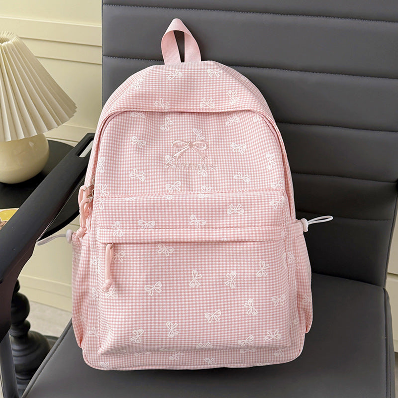 Charming Bow-Embellished Gingham Patterned Backpack Kalsten