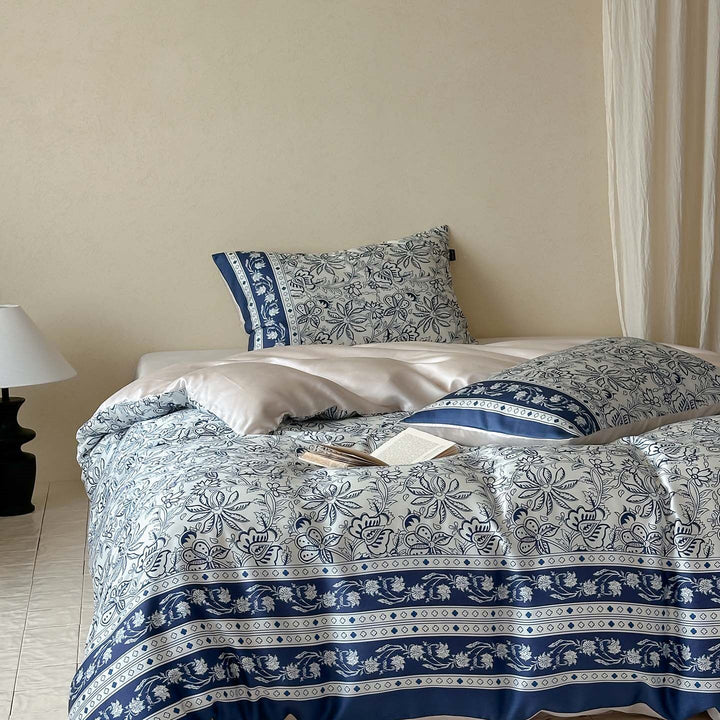 Satin bedding set with floral watercolor print and silky shiny surface