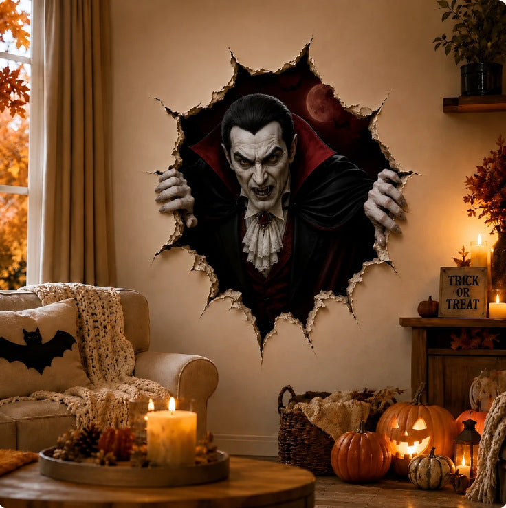 Three-dimensional Halloween wall sticker witch with hole-in-wall effect and pumpkin lantern