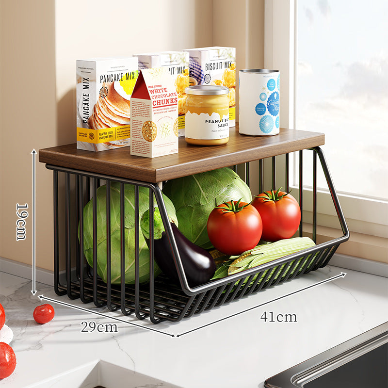 Countertop Wooden Top Metal Wire Fruit and Vegetable Storage Rack