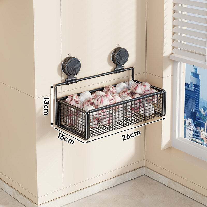 Wall-Mounted Suction Mesh Produce Storage Basket Set with Double-Tier Adjustable Rack