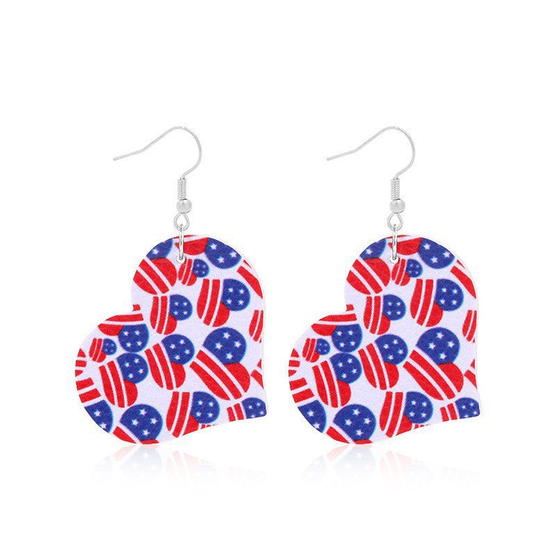 Women heart-shaped drop earrings with patriotic flag print and nickel-free hooks Kalsten