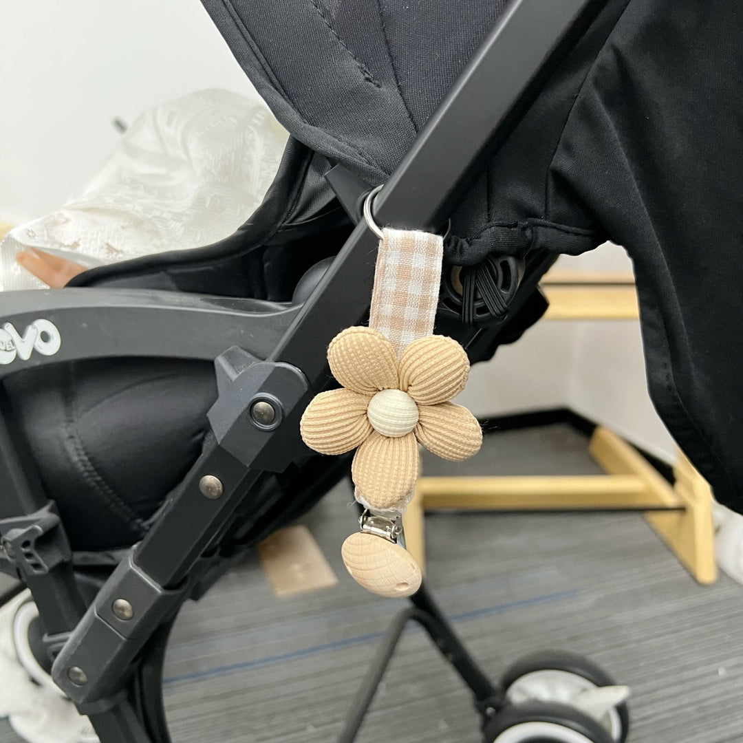Cotton Gingham Strap Pacifier Clip with Padded Floral Comforter and Wooden Safety Clamp