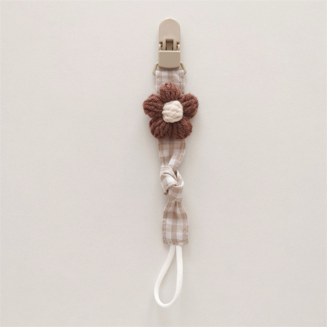 Handmade Cotton Pacifier Clip with Gingham Strap and Knitted Flower