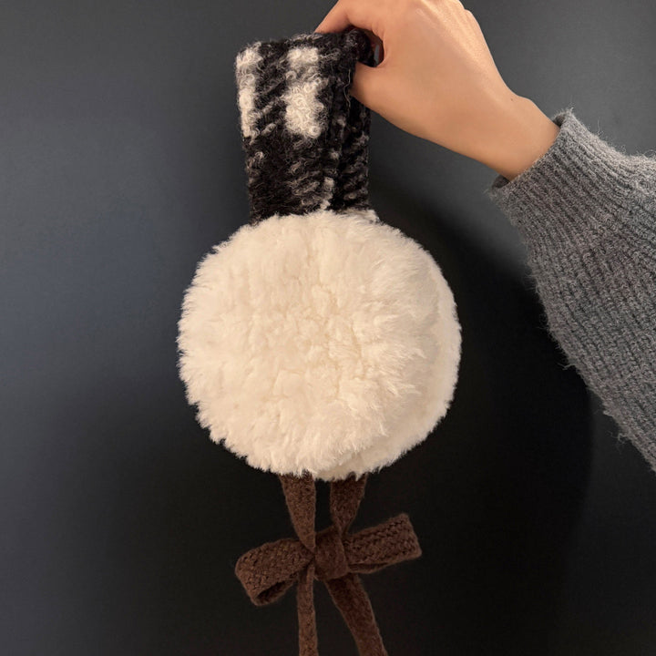 Plush Curly Faux-Fur Round Earmuffs with Patterned Knit Tie Headband Kalsten