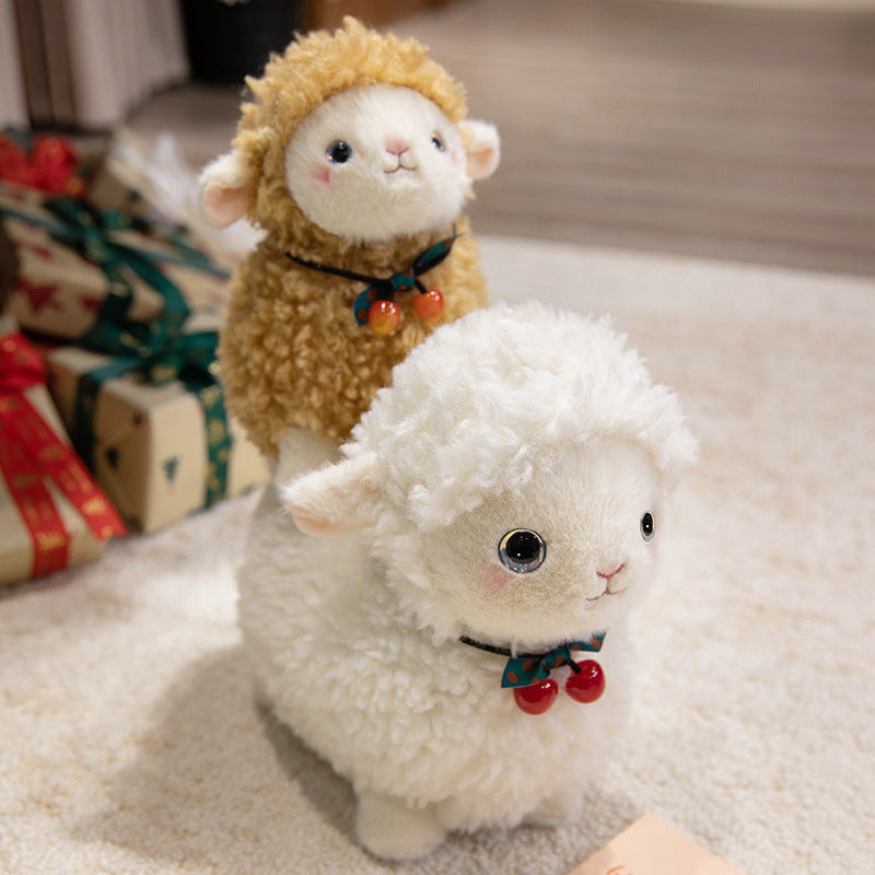 Curly Plush Lamb Comforter Toy with Embroidered Face and Decorative Bow Charm Kalsten