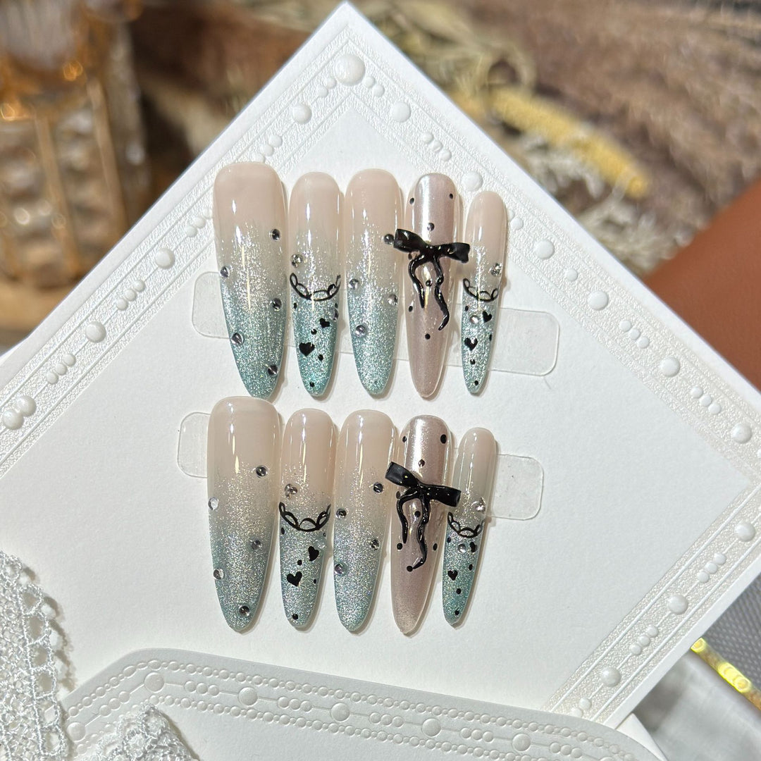 Elegant Stiletto Press-On Nail Set with Rhinestone and Bow Accents Kalsten
