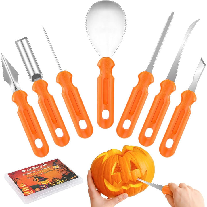 Multi-part pumpkin carving tool set made of stainless steel with storage bag