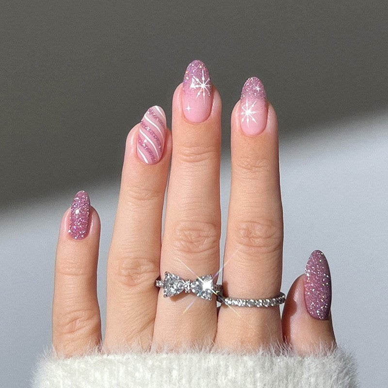 Decorative Press-On Nail Set with Glitter and Striped Design kalsten