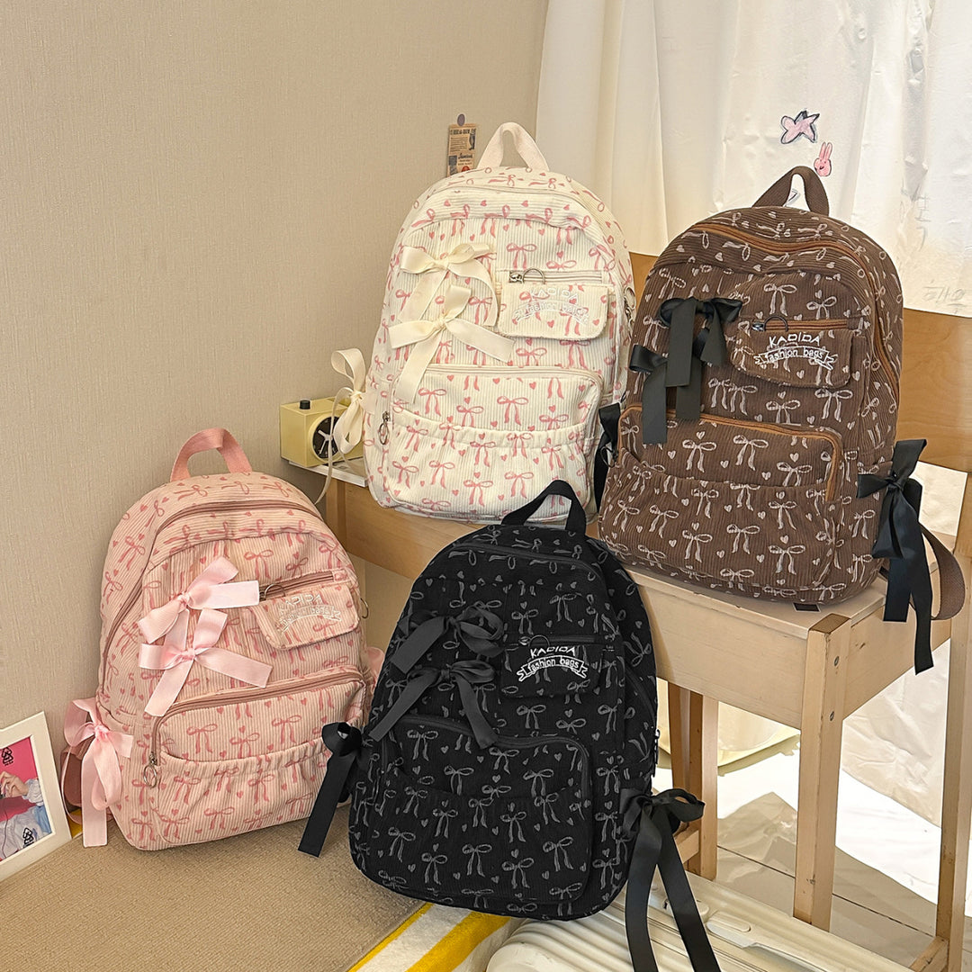 Playful Bow-Embellished Corduroy Backpack Kalsten