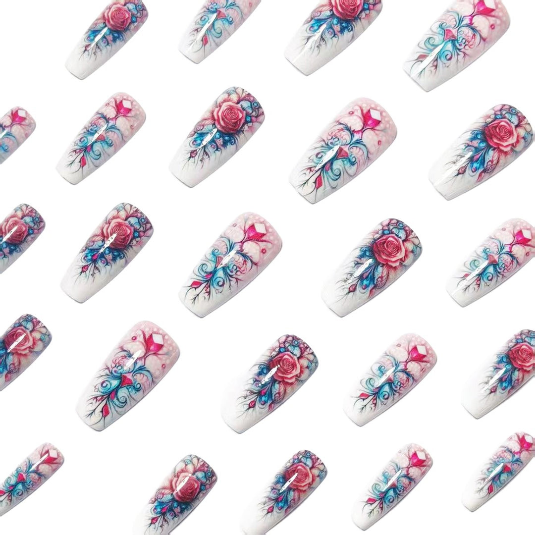 Elegant rose design artificial nails with glitter accents Kalsten