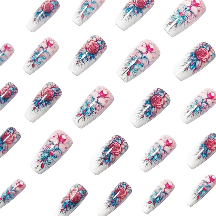 Elegant rose design artificial nails with glitter accents Kalsten