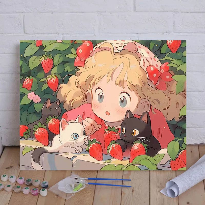 Cartoon Cat and Girl Themed Canvas Paint by Numbers Art Kit Kalsten