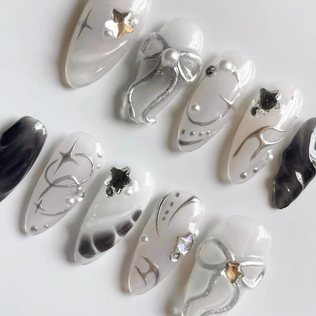 Creative Press-On Nail Art Set with Elegant Silver Accents Kalsten