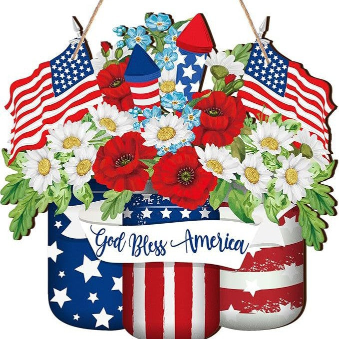 Unisex nan patriotic layered wooden door hanger with American flag buckets and floral bouquet Kalsten