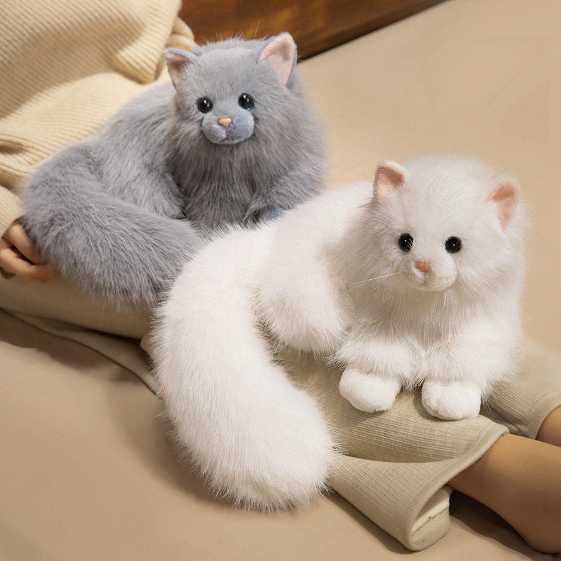 Realistic Long-Haired Plush Cat Decorative Cuddle Toy with Oversized Fluffy Tail Kalsten