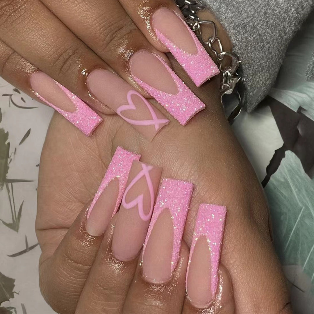 Glittery Heart-Design Long Press-On Nails Kalsten