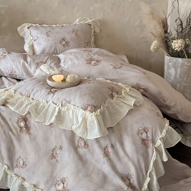 Romantic cotton gauze bedding set with ruffle and watercolor rose print