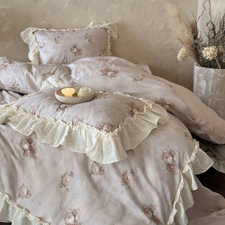 Romantic cotton gauze bedding set with ruffle and watercolor rose print