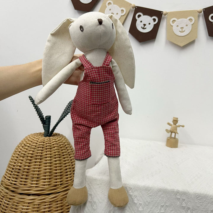 Handmade Linen Bunny Doll with Long Ears and Gingham Overalls