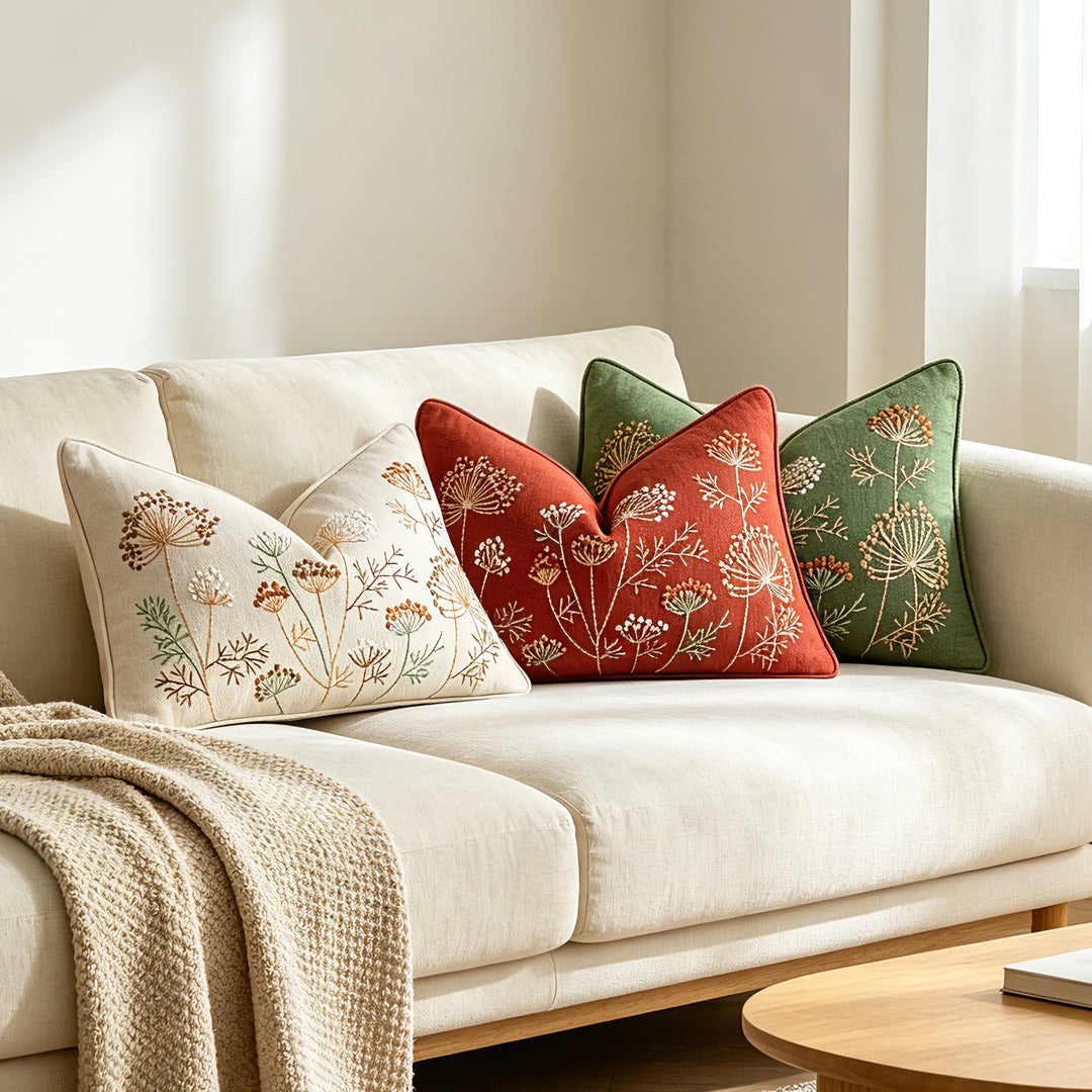 Embroidered Linen Throw Pillow Cover with Floral Motif