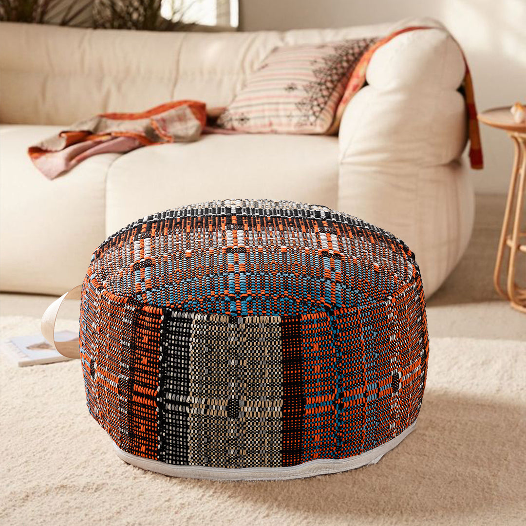 Round woven seat pouf made of durable cotton mix with practical carrying handle Kalsten