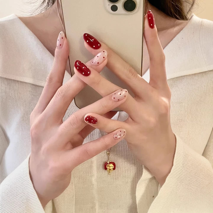 Artistic Press-On Nail Art Set with Polka Dot and Glossy Finish