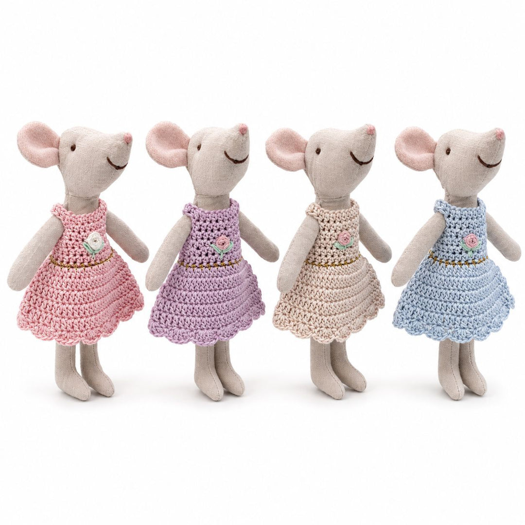 Handmade Linen Mouse Doll with Crocheted Mint Dress