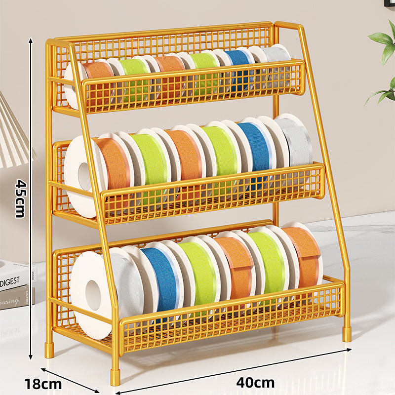 Angled Multi-Tier Spool and Tape Storage Rack with Wire Mesh Baskets