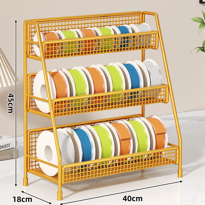 Angled Multi-Tier Spool and Tape Storage Rack with Wire Mesh Baskets