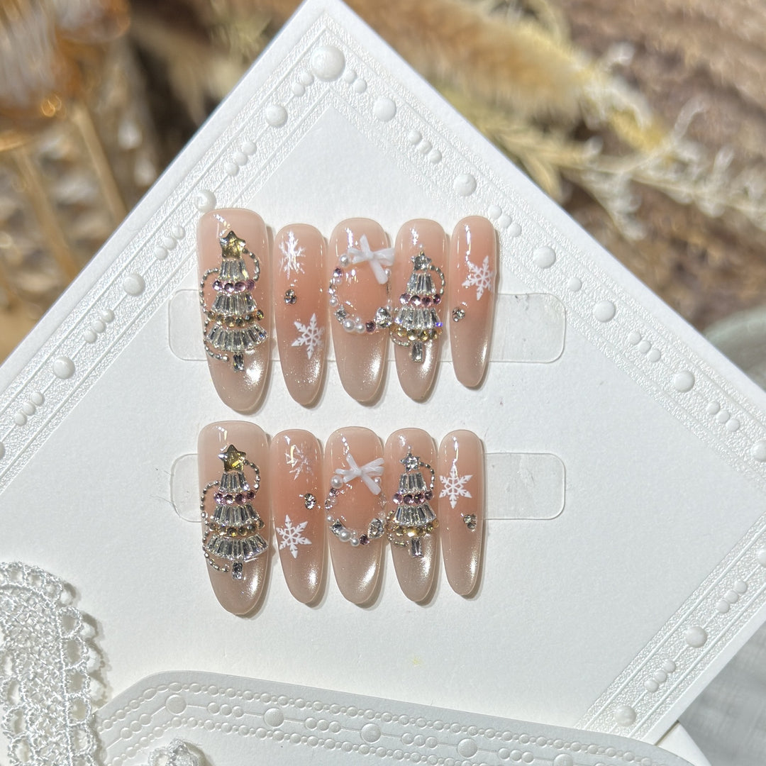 Decorative Stiletto Press-On Nail Art Set with Snowflake and Gemstone Accents Kalsten