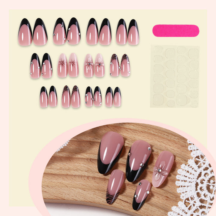 Deluxe Press-On Nail Set with Elegant Black Tips and Embellishments kalsten