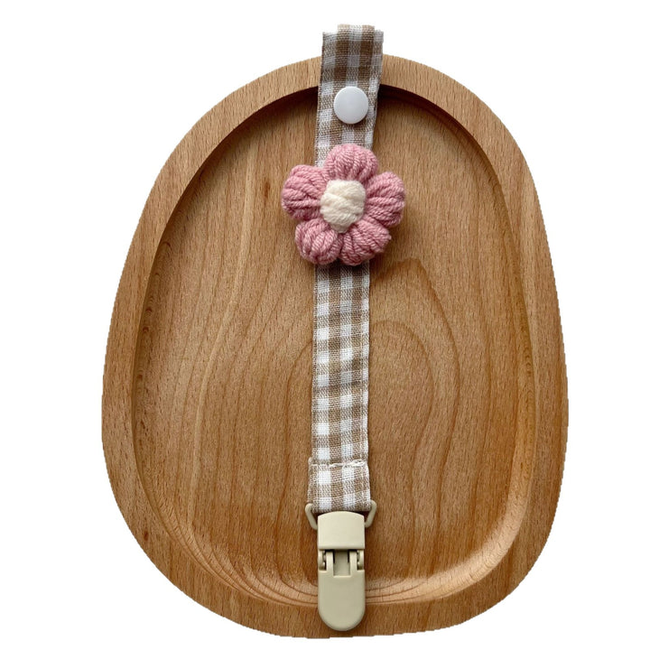 Gingham Linen-Style Crochet Flower Pacifier and Teether Clip
