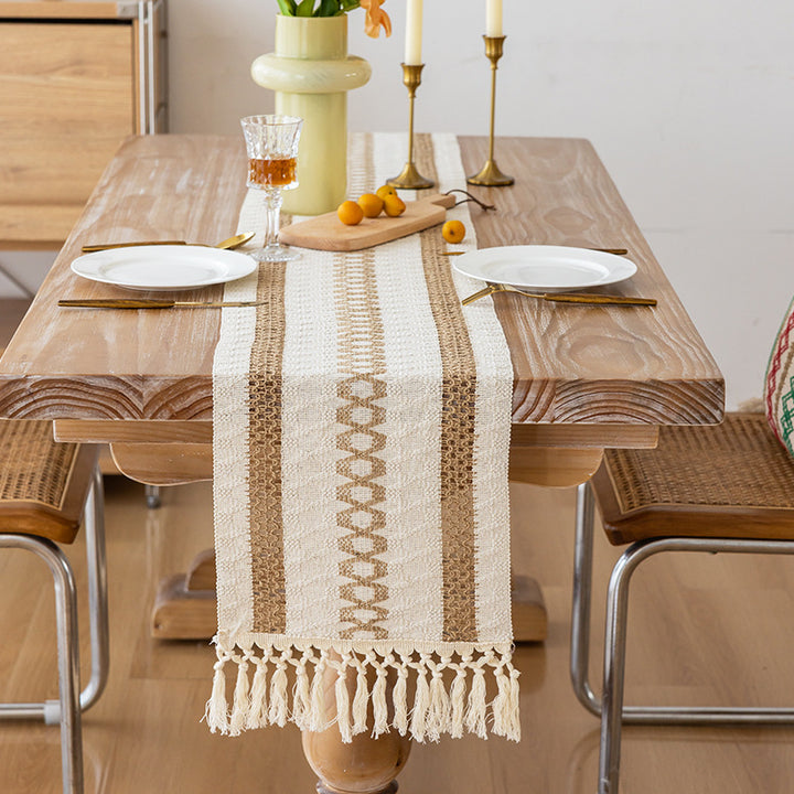 Handwoven Cotton Bohemian Tassel Table Runner with Neutral Geometric Stripes