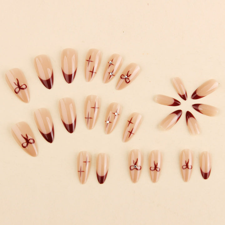 Artistic Press-On Nail Art Set with Decorative Bow and Crystal Accents Kalsten