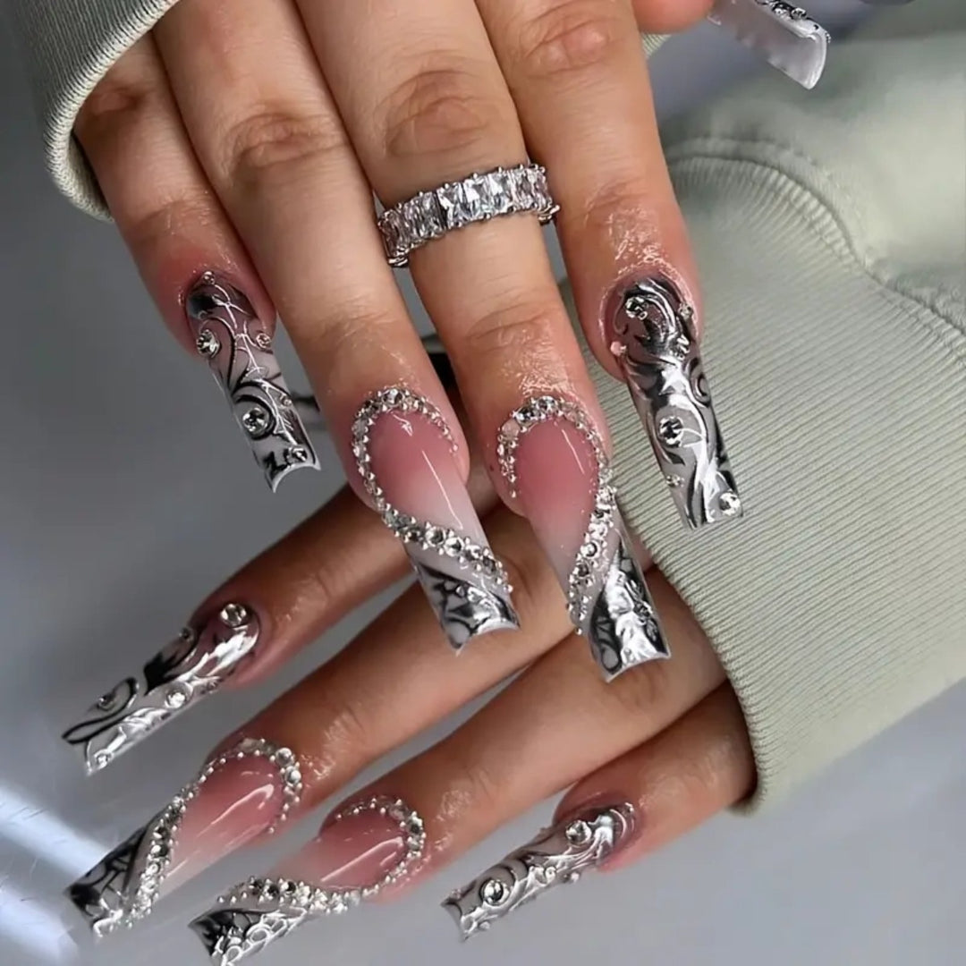 Ornate Press-On Nail Extensions with Rhinestone and Metallic Accents Kalsten