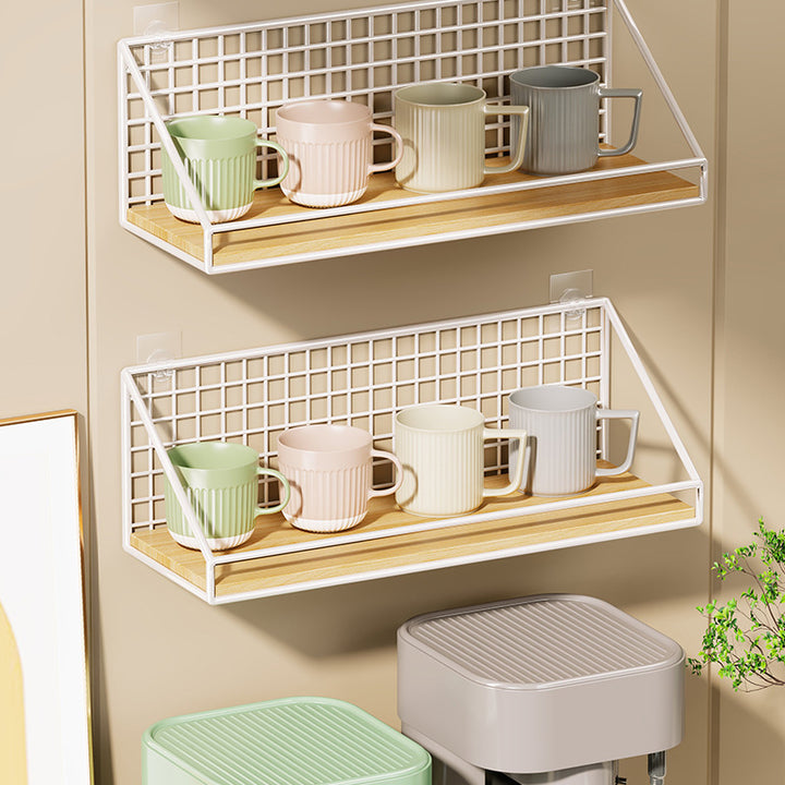 Ventilated Grid Wall Shelf with Wood-Look Tray and Clear Suction Mounts