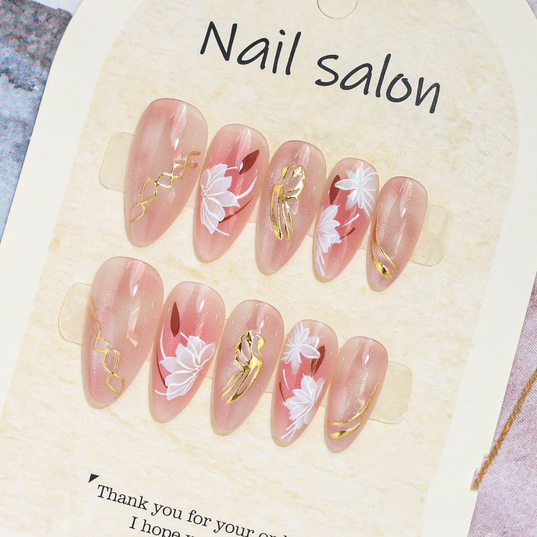 Artistic Press-On Nail Set with Cherry Blossom Design Kalsten