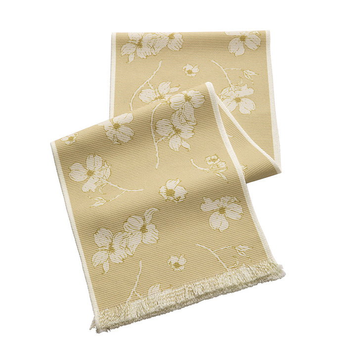 Woven table runner with floral jacquard pattern and fringed edge Kalsten
